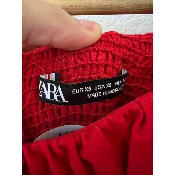 Zara Red Off-The-Shoulder Ruffle Smocked A-Line Belted Mini Dress Size XS - Picture 5 of 6